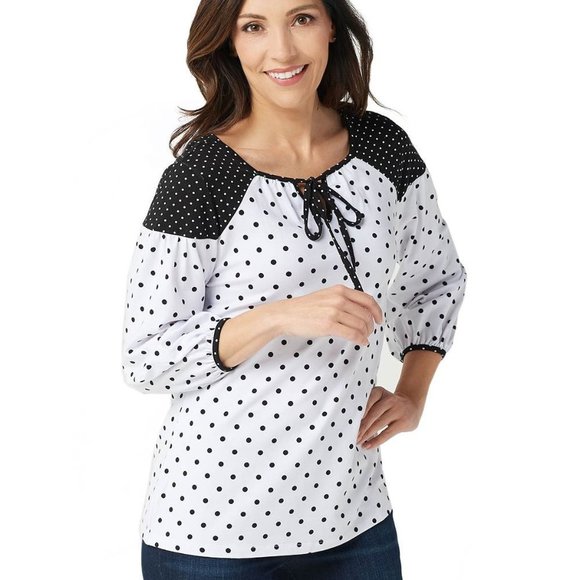 ISAAC Mizrahi‎ Live! Contrast Polka Dot Peasant Top - Picture 1 of 6
